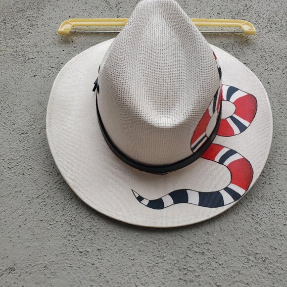 Hand Painted Snake White Fedora Straw Hat Made in Mexico Size Medium - Picture 12 of 13